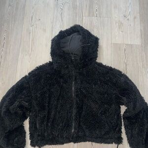 Urban Outfitters BDG Black Hooded Faux Fur crop Jacket